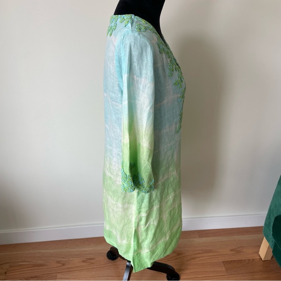 Tashia London Blue Green Ombre Tie Dye Beaded Linen Tunic Top Size Small - Picture 4 of 8
